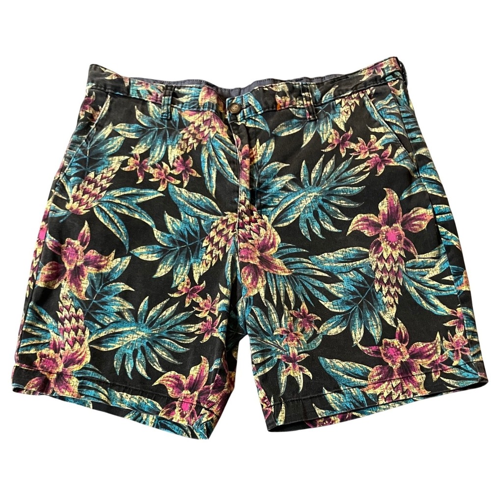 90s George Mens Tropical Floral Shorts Sz 36 Black Pink Pineapple Pockets